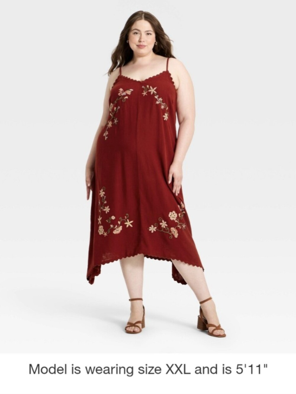 women's embroidered red linen midi high low dress 2X